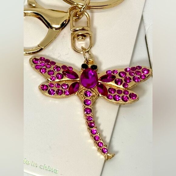BAG CHARM Pink Crystal Dragonfly Keychain Charm -  Gold Accent - Picture 4 of 5